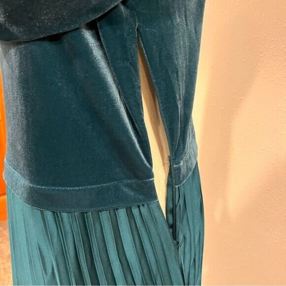 Lands' End Velvet and Satin Midi Dress in evening teal color with plated skirt - Picture 6 of 13